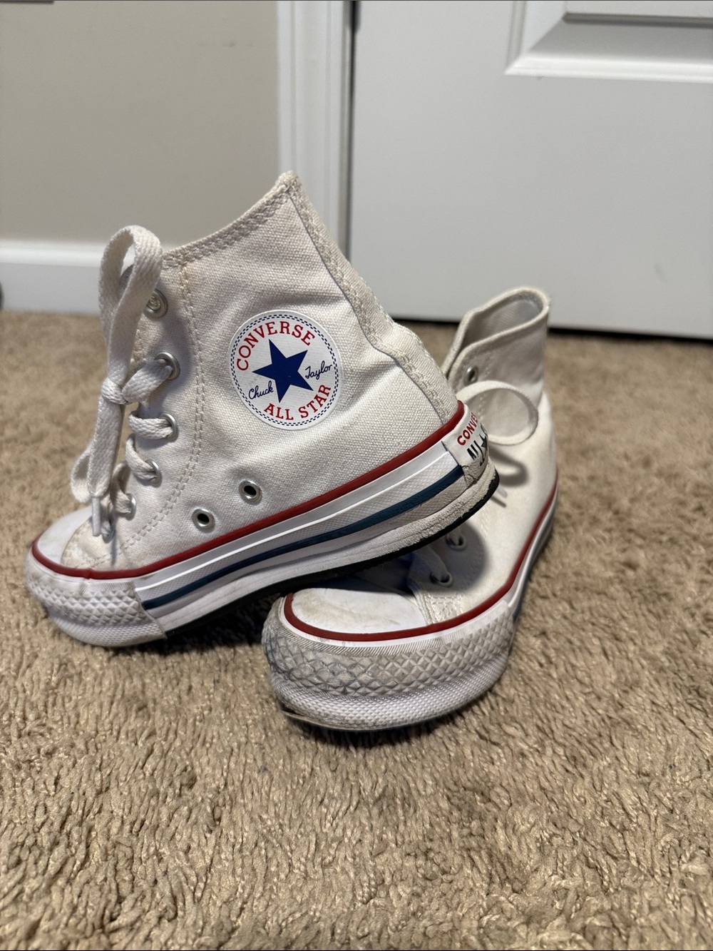 Kids High-Top Canvas Sneakers in White with Red Trim